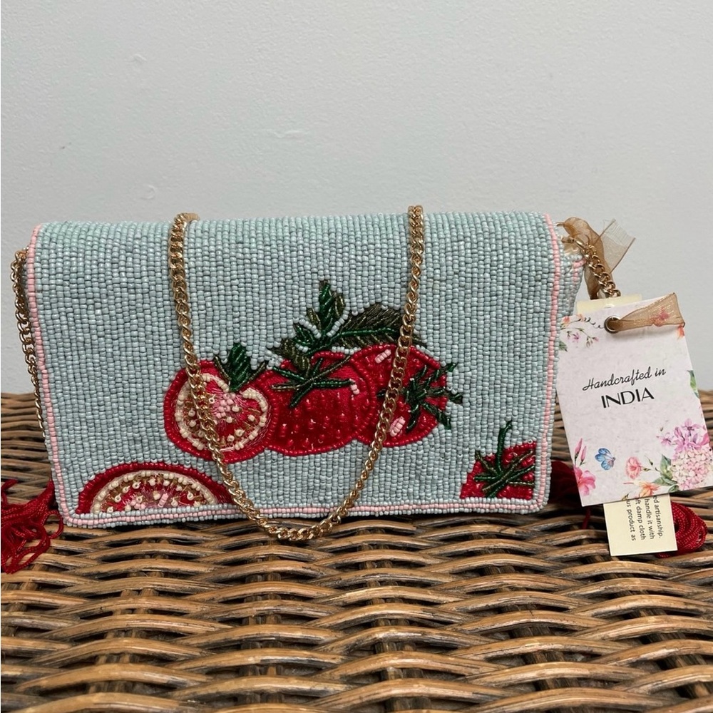 Marshalls Blue and Red Beaded Tomato Clutch Bag